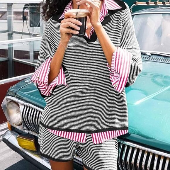 Tankaneo Black-Grey Knit Lounge Set 3X | Oversized V-Neck Top & Drawstring Short - Picture 4 of 6